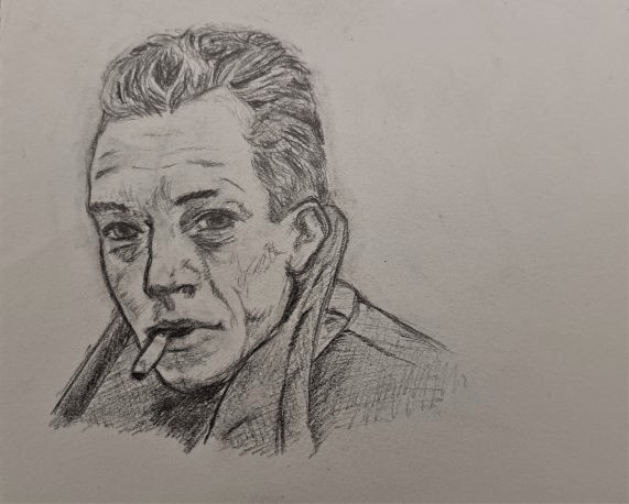 a pencil sketch of Albert Camus