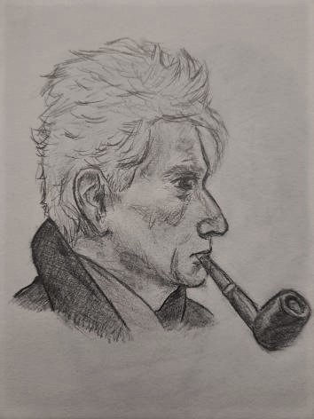 a pencil sketch of Jacques Derrida