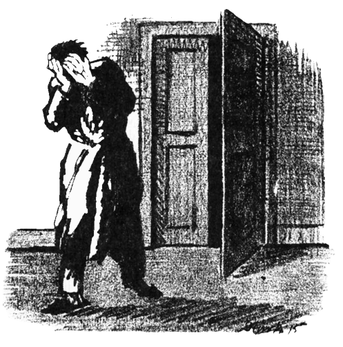 a drawing of a man turning away from an open door in horror
